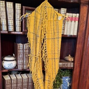 XOXO Mustard Yellow Plaid Fringe Infinity Scarf